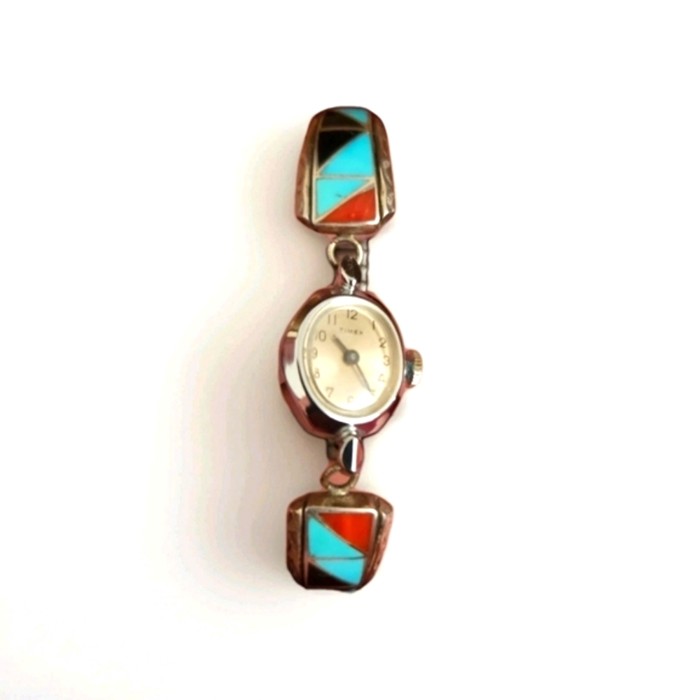 Silver and Turquoise Coral Onyx Charlene Zunie Signed Handmade Watch